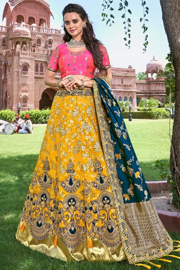 SUNFLOWER YELLOW EMBROIDERED SILK LEHENGA WITH EMBROIDERED BLOUSE AND DUPATTA