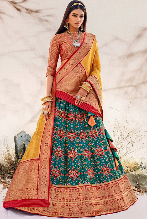 Rama Green Patola Lehenga With Kanjivaram Border & Dupatta