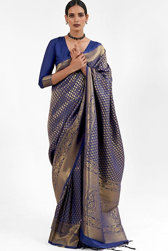 Navy Blue Zari Woven Kanjivaram Silk Saree