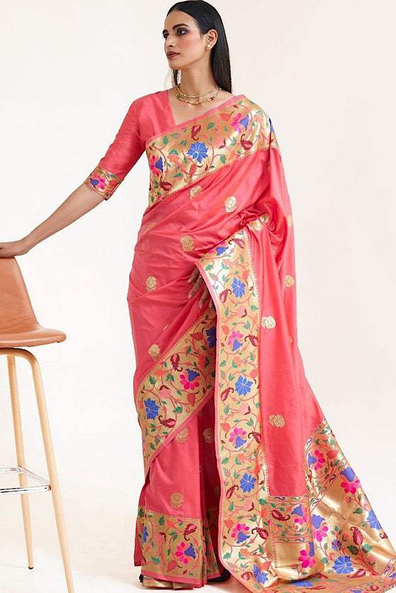 Rosemery Pink Woven Paithani Saree