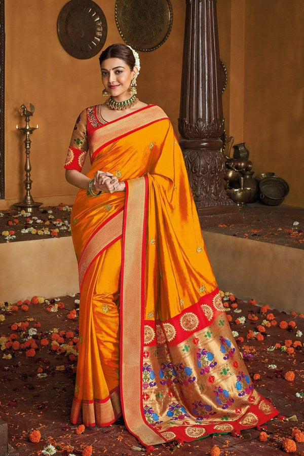 Mustard Yellow Zari Woven Banarsi Paithani Saree