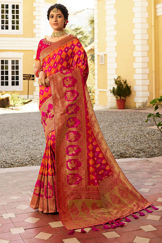 Orange Pink Woven Silk Saree With Heavy Embroidery Blouse