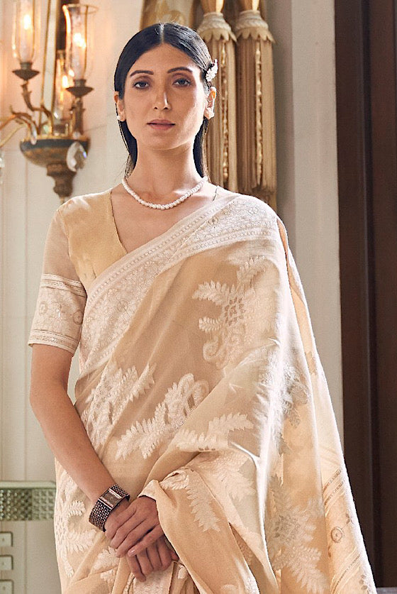 Beige Gold Lucknowi Chikankari Saree