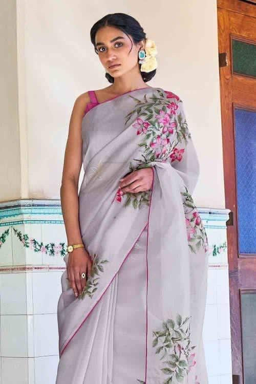 Coin Grey Organza Floral Saree