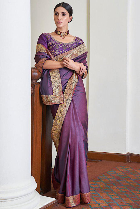 Purple Banarasi Silk Saree With Embroidered Brocade Blouse