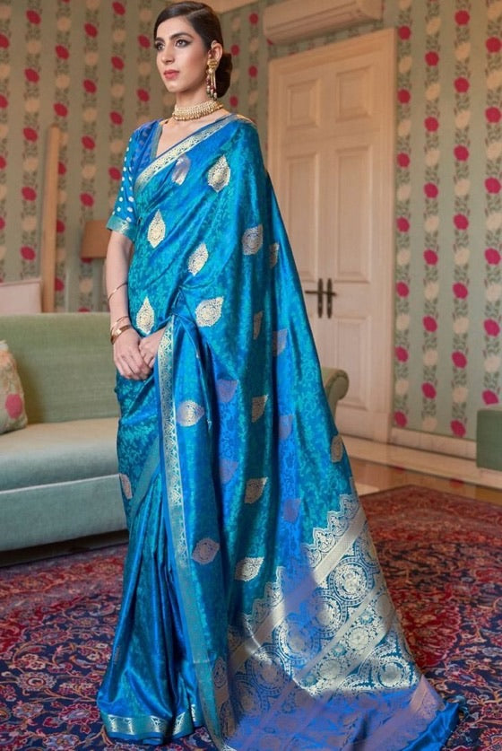 Azure Blue Zari Woven Jamewar Silk Saree