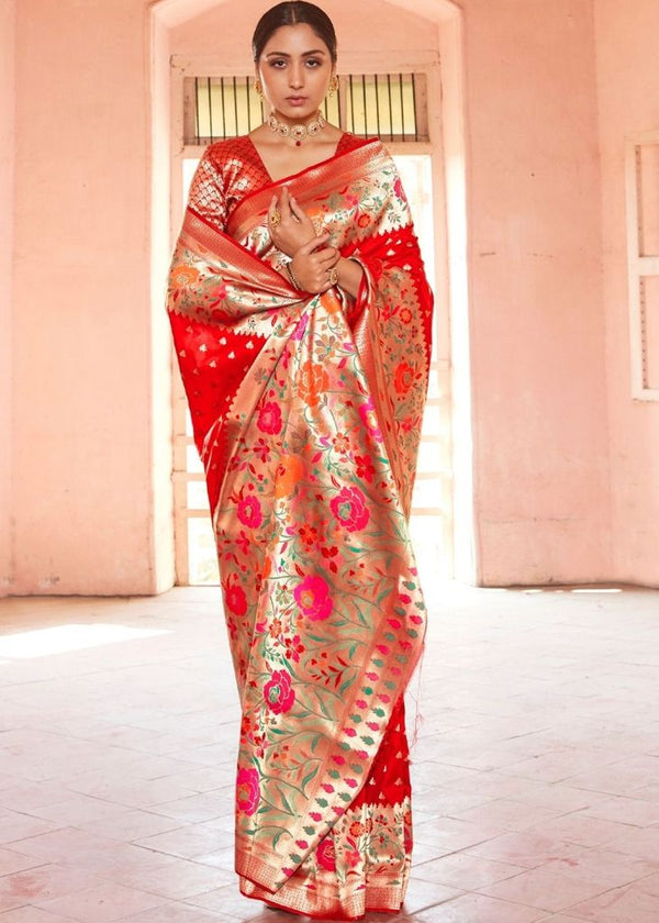 Cherry Red Woven Paithani Silk Saree