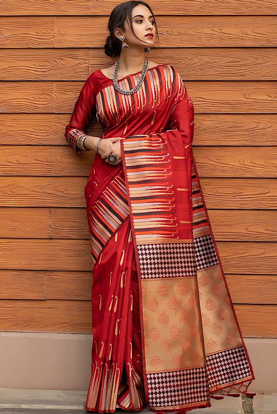 Scarlet Red Exclusive Tussar Silk Saree