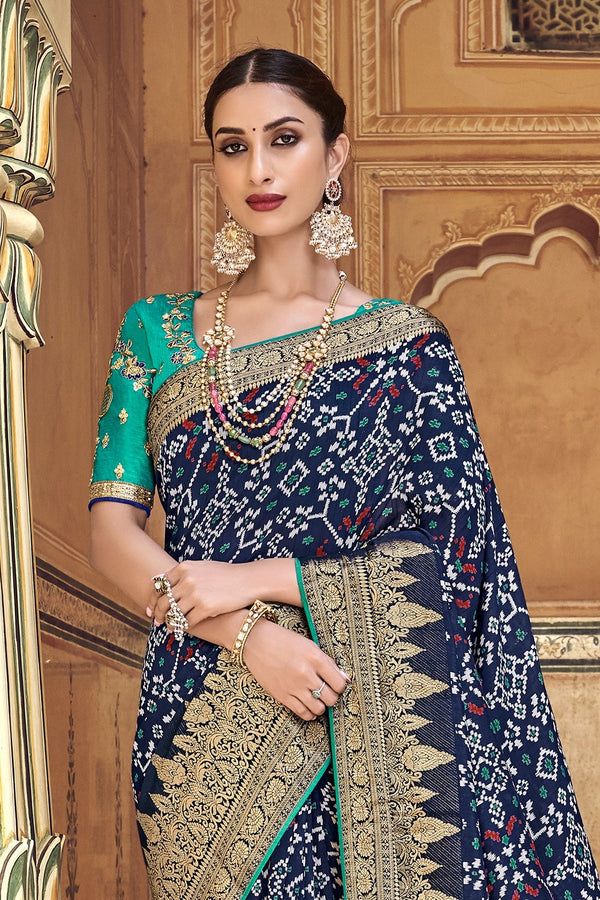 NAVY BLUE WOVEN PATOLA SAREE WITH BANARASI BORDER AND DESIGNER EMBROIDERED BLOUSE