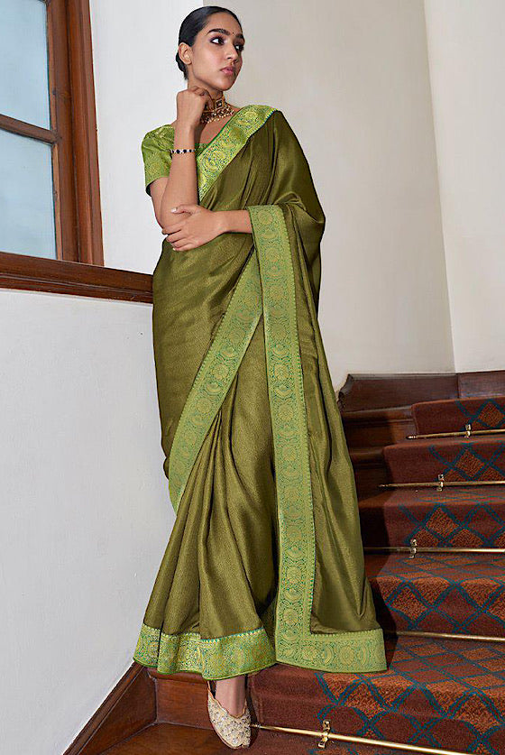 Olive Green Banarasi Silk Saree With Embroidered Brocade Blouse