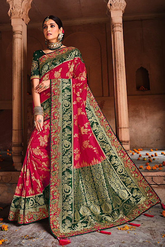 Ruby Red Embroidered Blouse Banarasi Saree