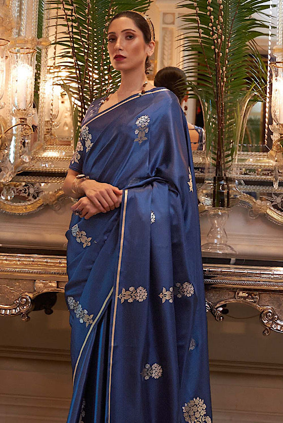 Navy Blue Satin Silk Banarasi Saree