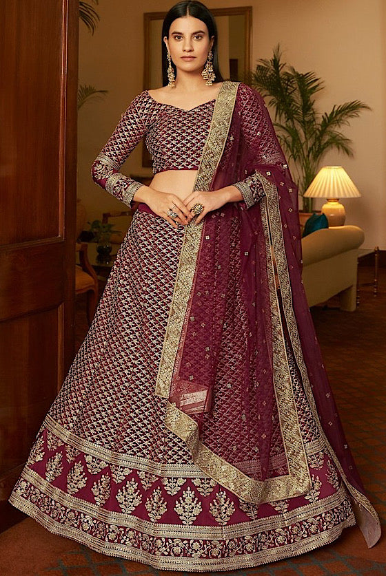 Red Maroon Crape Lehenga Choli With Dori and Sequins Work