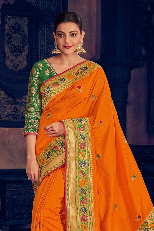 Carrot orange woven paithani saree