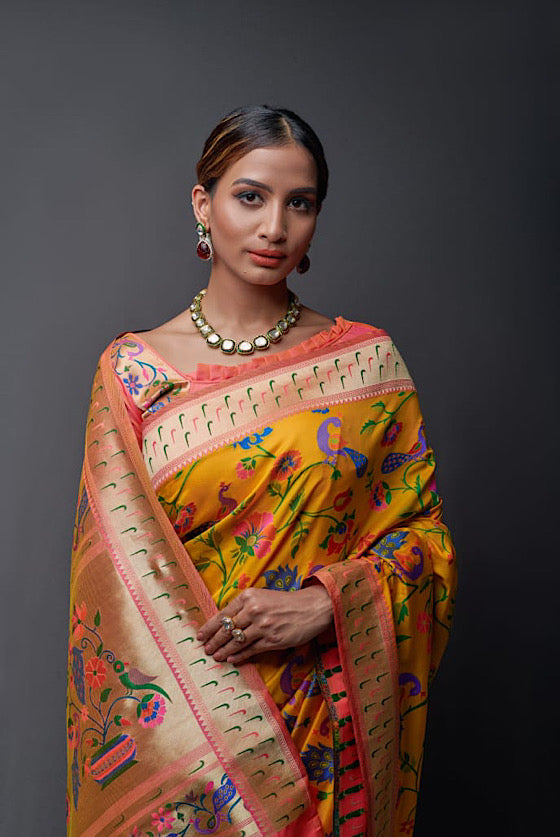 Tuscany Yellow Woven Paithani Silk Saree With All Over Jal