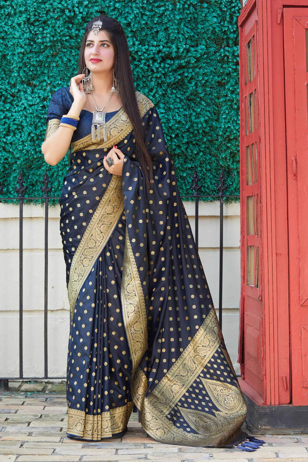 Navy Blue Zari Woven Satin Katan Banaras Saree