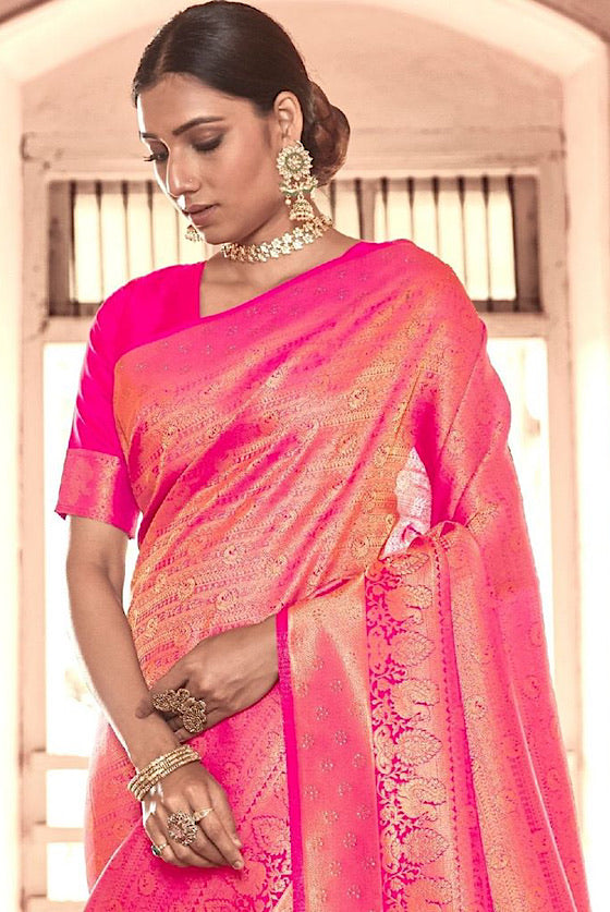 Fuscia Pink Kanjivaram Silk Saree With Swaroski Work