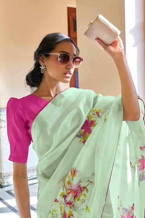 Pista Green Organza Floral Saree