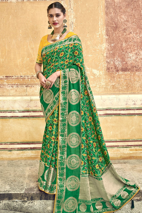 Grass Green Woven Patola Saree With Banarasi Border And Designer  Embroidered Blouse