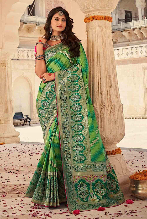 Shades Of Green Designer Banaras Zari Woven Silk Saree