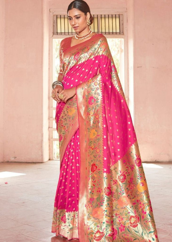 Hot Pink Woven Paithani Silk Saree