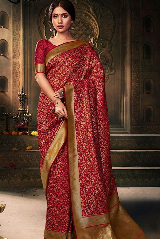 Scarlet Red Zari Woven Banarasi Silk Saree