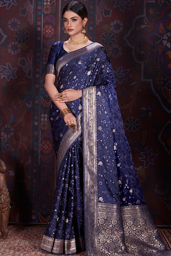 Navy Blue Zari Woven Banarasi Satin Silk Saree