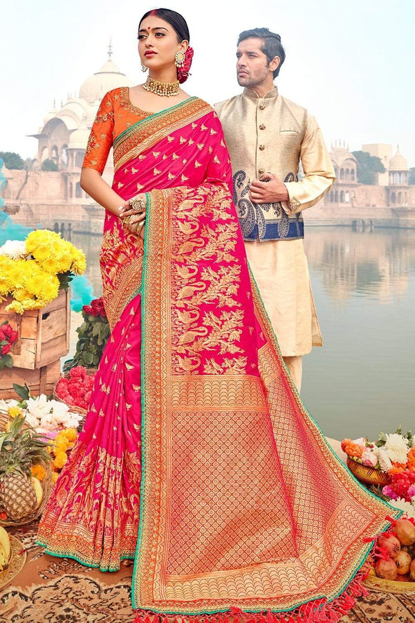 Ruby Pink Banarasi Saree with Embroidered Blouse