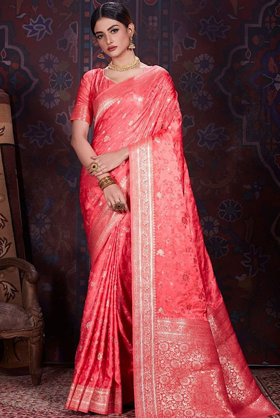 Scarlet Red Zari Woven Banarasi Satin Silk Saree