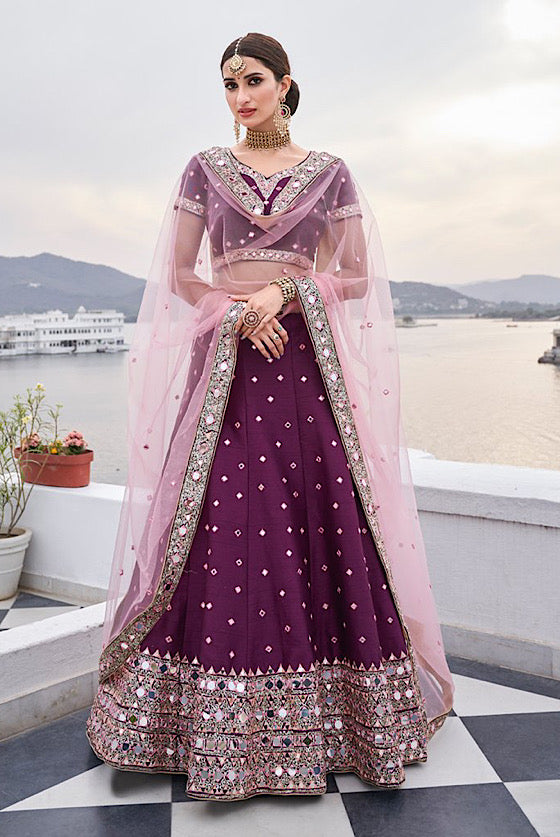 Wine Heavy Mirror Embroidered Lehenga With Dupatta .