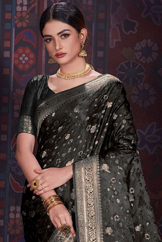 Charcoal Black Zari Woven Banarasi Satin Silk Saree