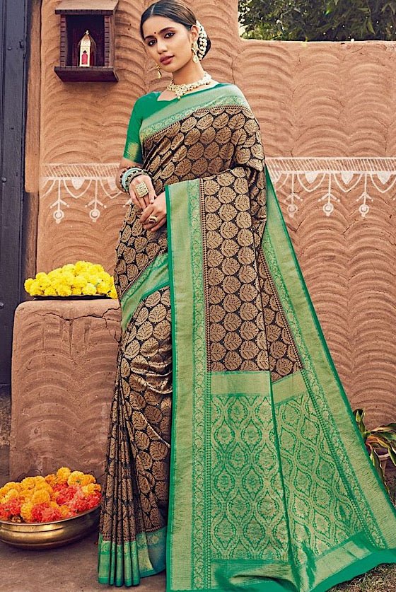 Black With Green Woven Kanjivaram Silk Saree