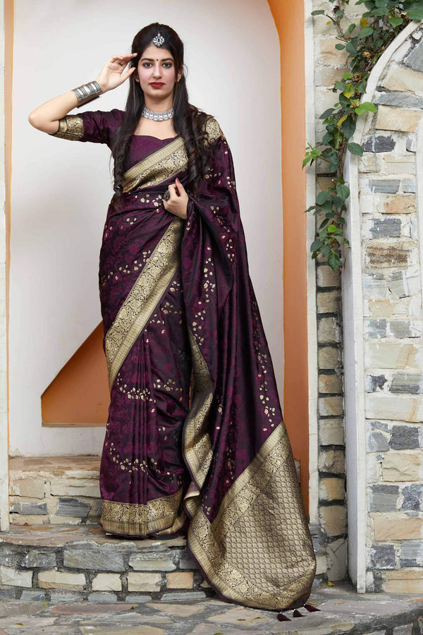 Deep Wine Zari Woven Satin Katan Banaras Saree