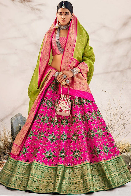 Pink Patola Lehenga With Kanjivaram Border & Dupatta