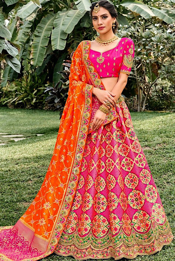 Pink & Orange Banarasi Silk Lehenga Choli