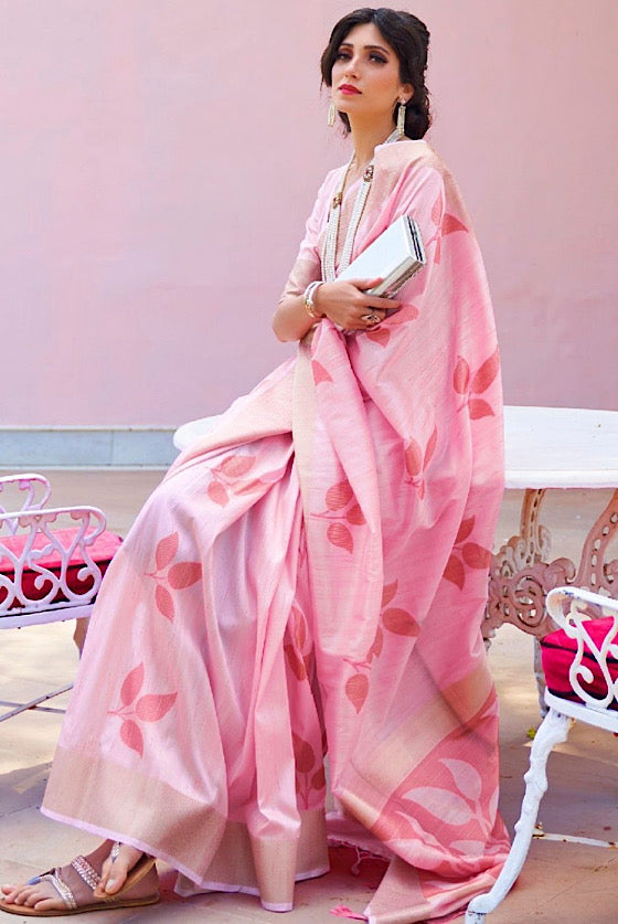 Pink Woven Banarasi Chanderi Fusion Silk Saree