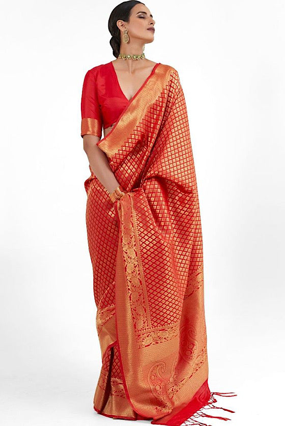 Scarlet Red Zari Woven Kanjivaram Silk Saree