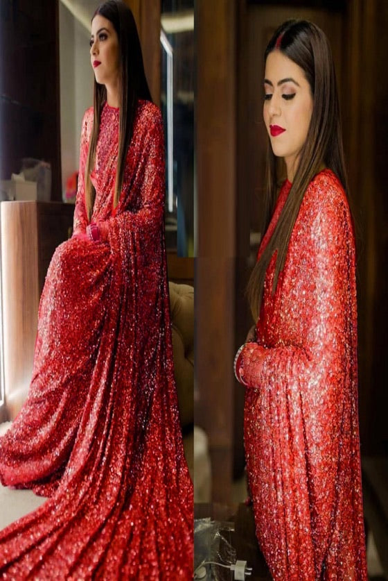 Red Color Wedding Wear Sequence Saree