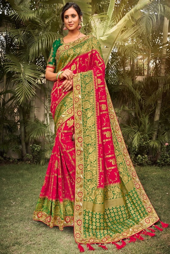 Ruby Pink Green Banarasi Embroidered Blouse Silk Saree