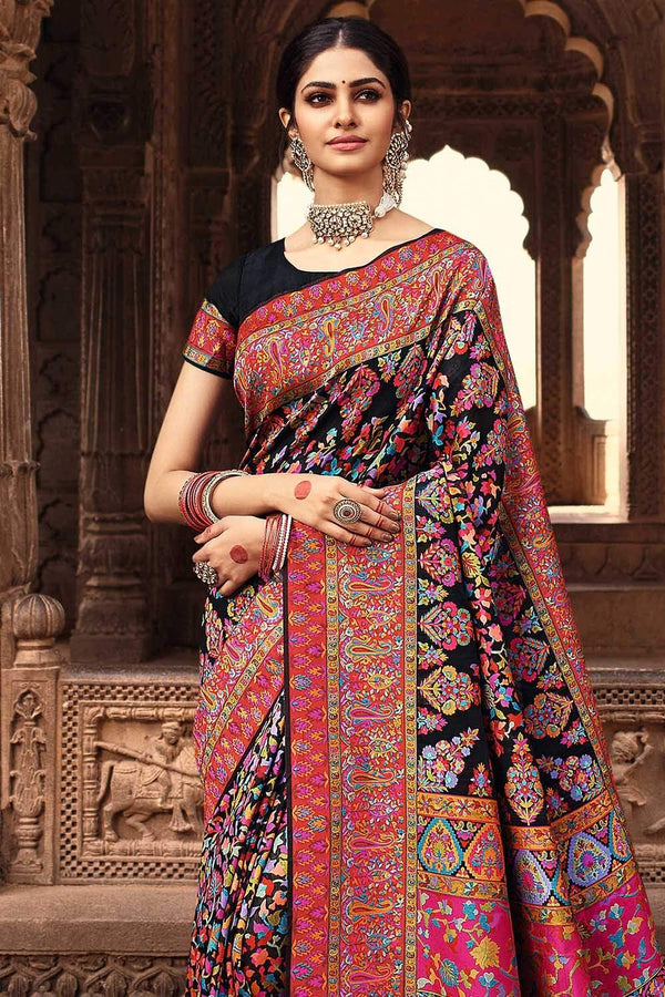 Raven black Multicoloureds Woven Kashmiri Silk Saree