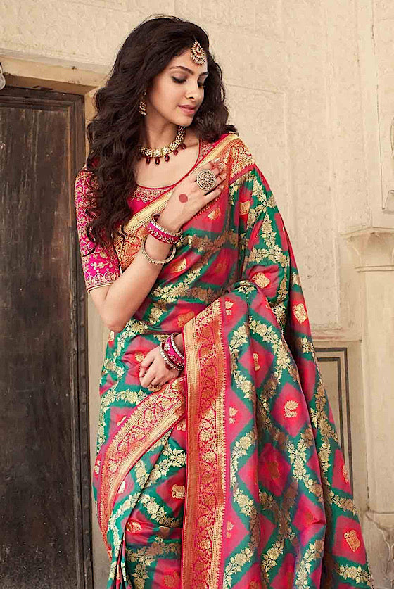 Jungle Green Designer Banaras Zari Woven Silk Saree