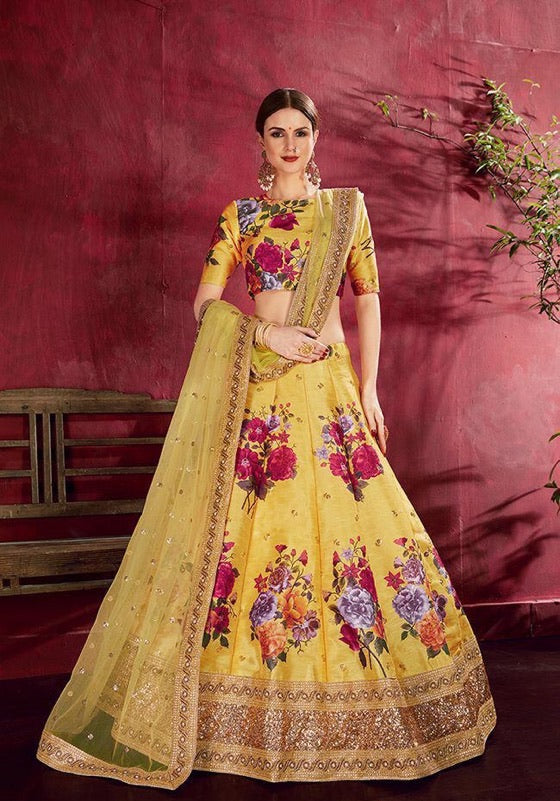 Beautiful Yellow Floral Silk Lehenga to celebrate Wedding..