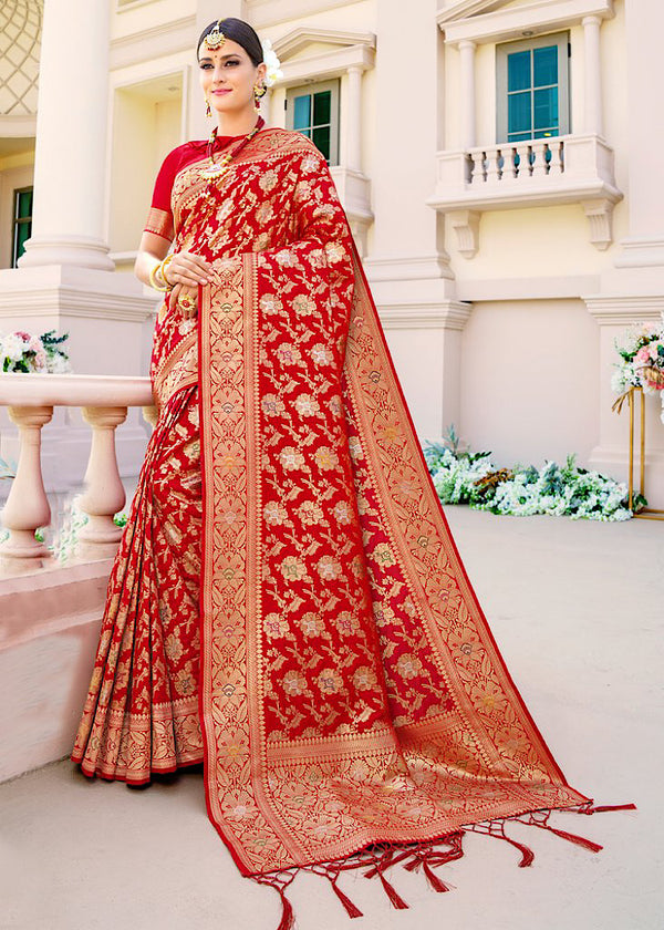 Crimson Red Multi Weaved Jal Work Banarasi Silk Saree