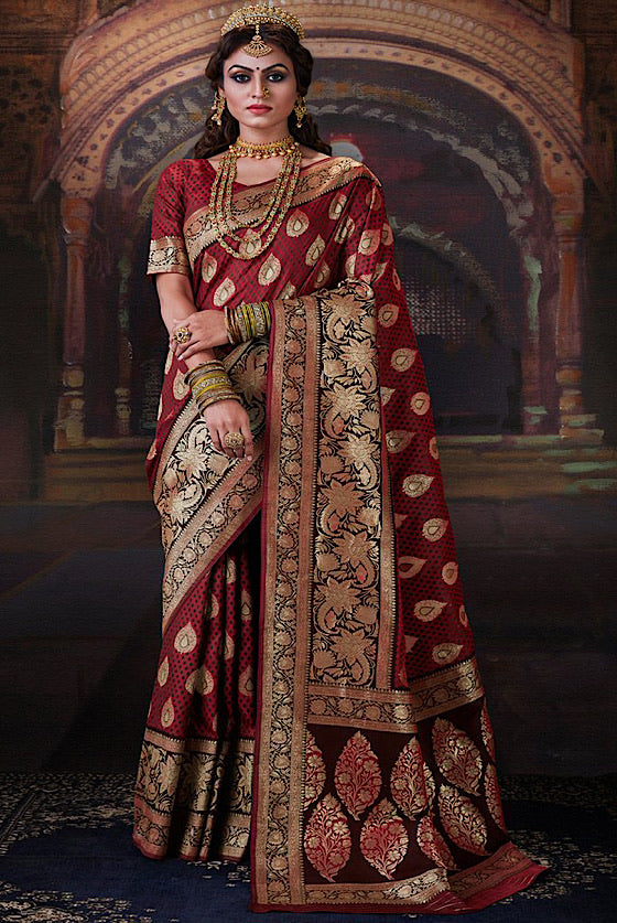 Maroon Zari Woven Banarasi Silk Saree