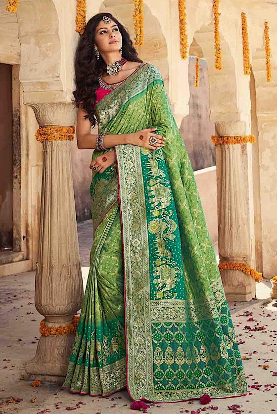 Grass Green Designer Banaras Zari Woven Silk Saree