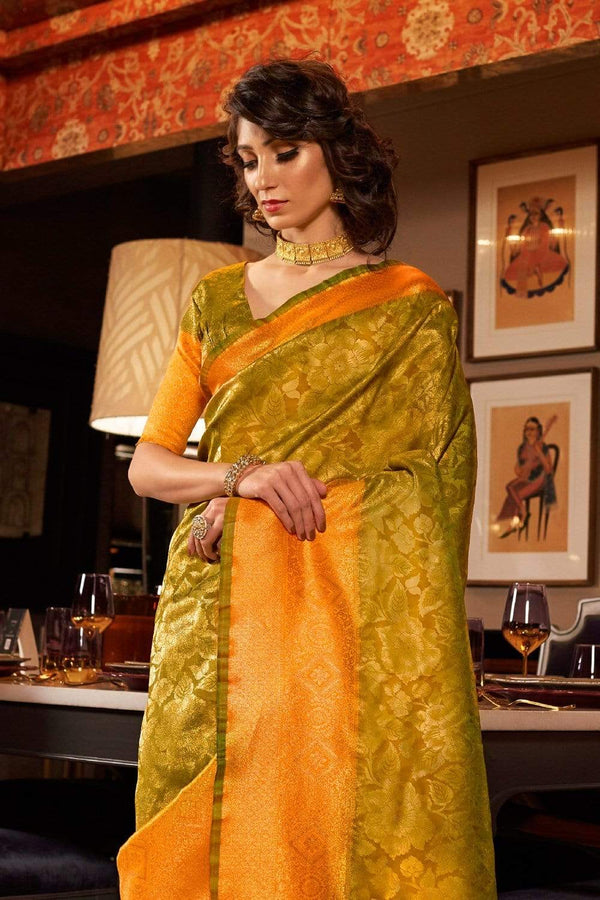 Olive Green Printed Kanjivaram Saree