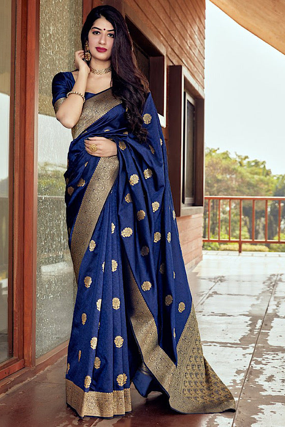 Navy Blue Woven Banarasi Silk Saree