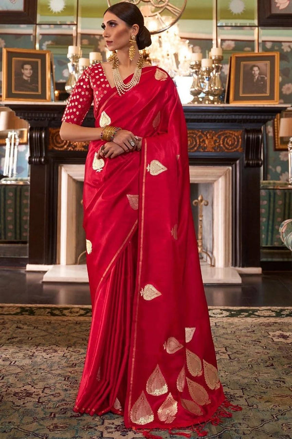 Red Zari Butta Woven Banarasi Satin Silk Saree