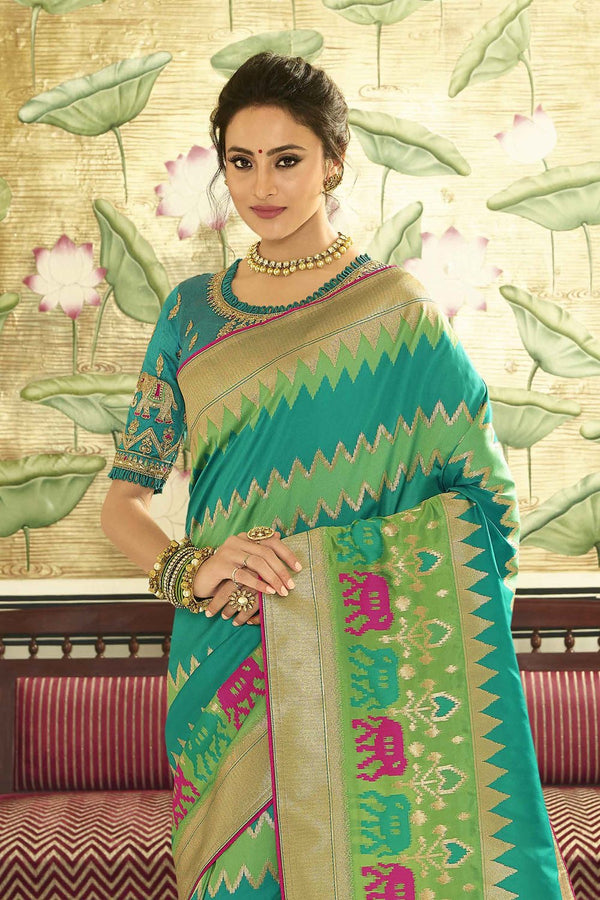 Green designer Banaras saree with embroidered silk blouse