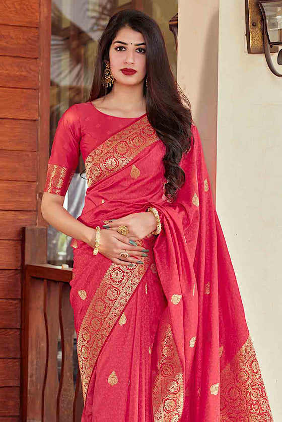 Hot Pink Woven Banarasi Silk Saree